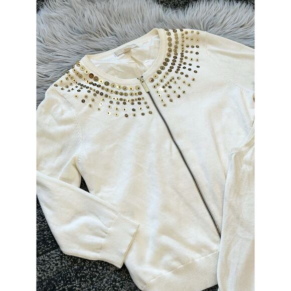 Michael Kors Cream Lined Cardigan And Tank Set W/Gold Zippers & Sequins Large - Picture 2 of 6